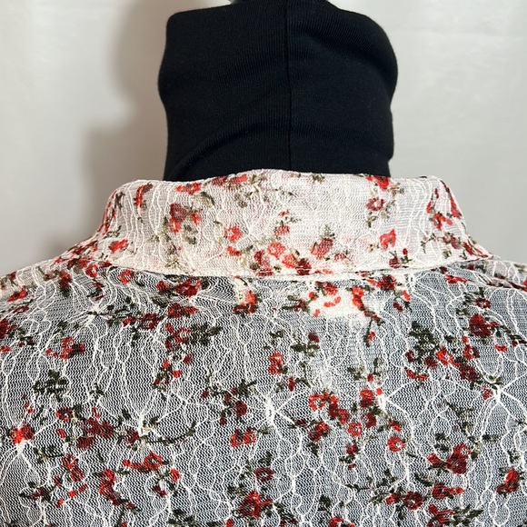 American Rag Pink Mesh Floral Button Down Blouse with Red Flowers - Picture 6 of 10